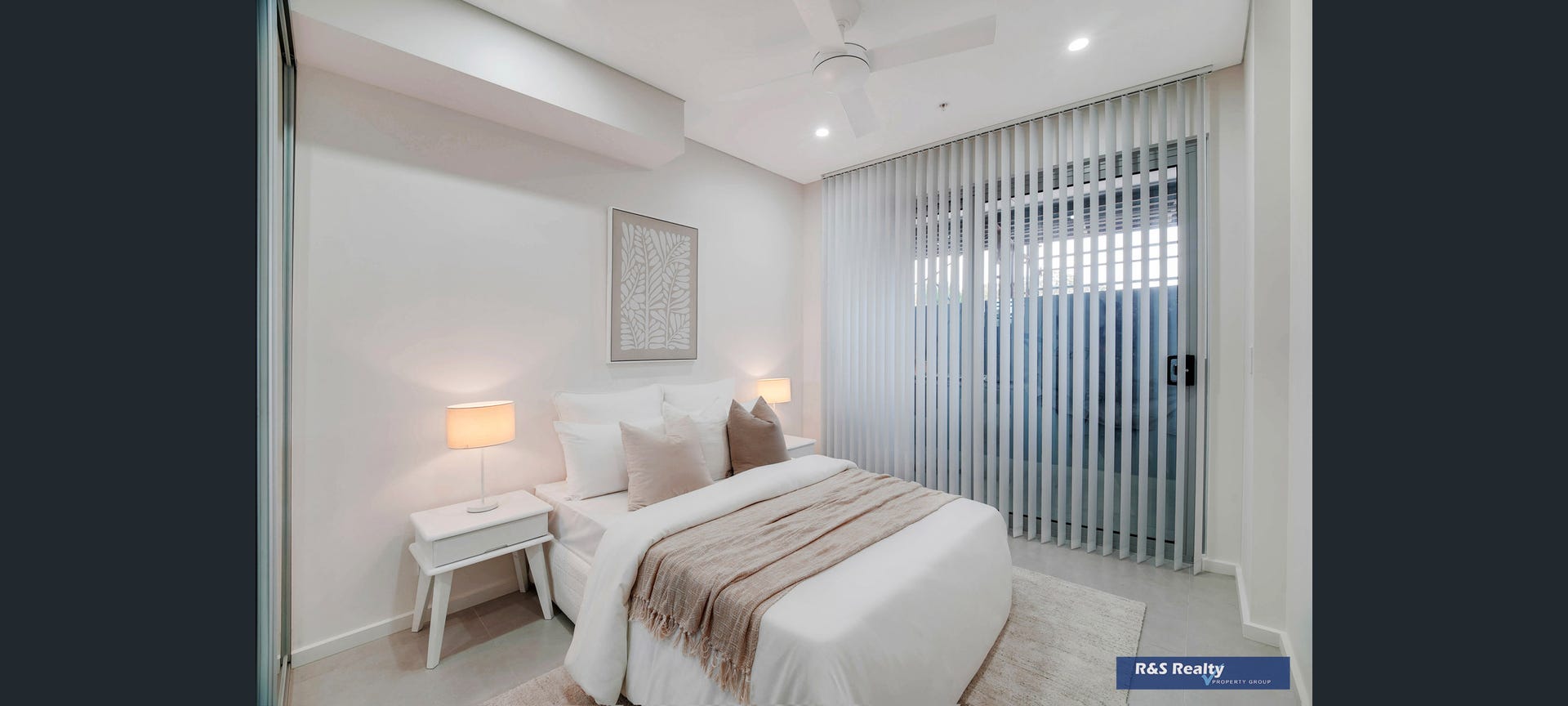 Master bedroom with ceiling fan and vertical blinds